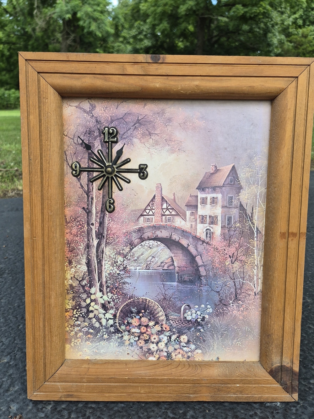 Framed Cottage Bridge Wall Clock Art - Pink & Brown